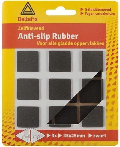 ANTI-SLIPRUBBER.  25 MM X 25 MM. ZWART. 8 Stuks zelfklevend. Voor harde vloeren laminaat
