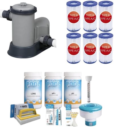 WAYS - Zwembad Onderhoud - Zwembad Stofzuiger ZX50 & Filterpomp 5678 L/u & 6 Filters Type A & WAYS Scrubborstel