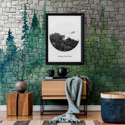 Fotobehang Profhome 382451-GU vliesbehang hardvinyl warmdruk in reliëf glad in baksteen look mat groen grijs 3,71 m x 2,8 m