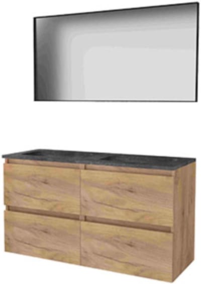 Basic-Line Framed 46 Badkamermeubelset - 120 x 46 cm - Greeploos - 2 Lades - Hardstenen Wastafel - Zonder Kraangat - Spiegel met Zwart Aluminium Frame - Whisky Oak