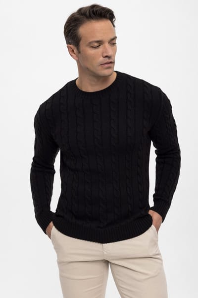 Felix Hardy Kabelgebreide Trui Met Ronde Hals - 100% Katoen Heren Zwart - 2Xl