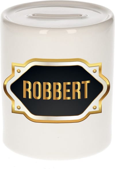 Spaarpot met voornaam Robbert - wit - met goud/zwart embleem - 8 x 9 cm - keramiek - met afsluitdop - cadeau verjaardag