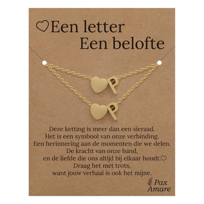 Letter P ketting + armband set op Cadeau Kaartje - Een letter, een belofte - Goudkleurig Stainless Steel - Initiaal & Hartje Hanger - Pax Amare