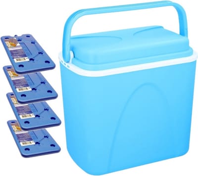 Voordelige grote blauwe koelbox 24 liter - 38 x 26 x 39 cm - met 4x grote koelelementen van 25 x 14 x 1.5 cm