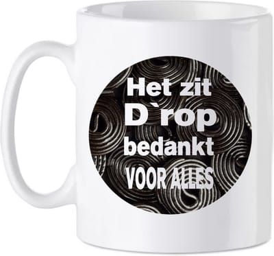 Bedrukte beker Het zit d`rop - afscheid - meester - juf - koffie mok - school - quote - spreuk -leraar