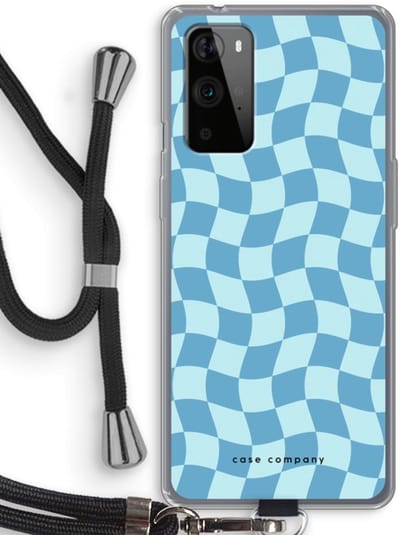 Case Company® - Hoesje met koord geschikt voor OnePlus 9 Pro hoesje met Koord - Grid Blauw - Telefoonhoesje met Zwart Koord - Bescherming aan alle Kanten en Over de Schermrand