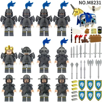 Middeleeuws wit ridderkorps, schilden, figuren, speelgoed, humanoïde poppen, kinderspeelgoed, verjaardagscadeaus, stripfiguren.