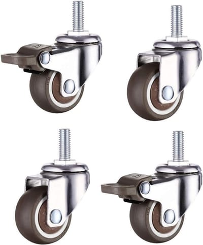 Set van 4 Zwenkwielen met Remmen, 25mm Kleine Trolley Wieltjes met M6 Schroefdraad