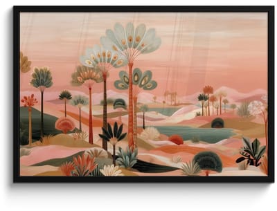 Poster in lijst - Fotolijst 90x60 cm - Posters - Roze landschap - Palmen - Water - Posterlijst zwart - Decoratie - Wanddecoratie woonkamer - Muurdecoratie slaapkamer