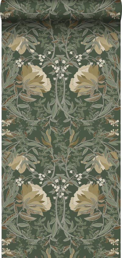 ESTAhome behang vintage bloemen in art nouveau stijl donkergroen - 53 cm x 10.05 m - 139420