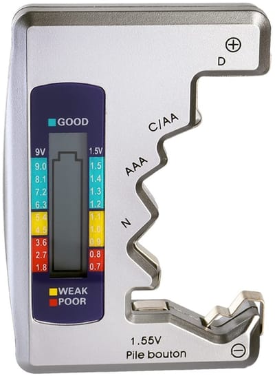 EXCITAT Tester - Batterijtester - Capaciteitstester - Geschikt voor AA, AAA, C, D, N, 9V, 1,5V, knoopcelbatterijen - Zilver