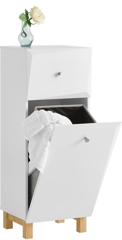 SoBuy Smal Badkamerkast, Badkamermeubel met 1 Lade en 1 Kantelbare Wasmand, Wit, 34x30x90cm, BZR93-W