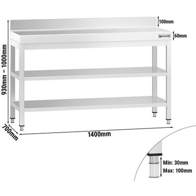 GGM Gastro Edelstahl Arbeitstisch PREMIUM - 1400x700mm - mit Grundboden, Aufkantung & Zwischenboden Zilver
