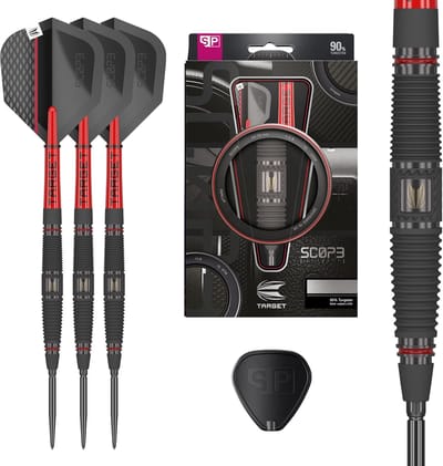 Target Darts Scope Steel Tip Dartset 23G Barrel 04 - 90% Tungsten met Swiss Point Punten, Pro Grip Tag Shafts en Pro Ultra Flights - Zwarte PVD Coating met Rode Accenten