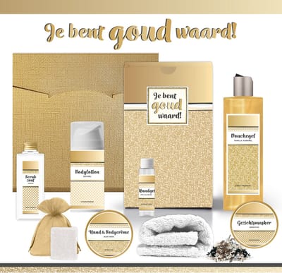 Geschenkset “Je bent goud waard!” - 8 producten - 800 gram - Triomf Cosmetica | Cadeau Vrouw Wellness Pakket Vrouw Giftset Vriendin Moeder Cadeaupakket Collega Cadeau Zus Verjaardag Oma Moederdag Kerstpakket Kerst Cadeau Goud