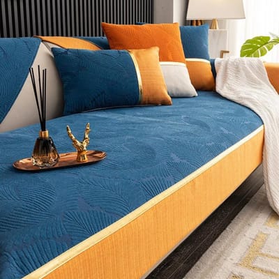 Moderne Blad Jacquard Bankhoes Gouden Lijn Chenille Bankhanddoek Oranje Brede Rand Antislip Bankbeschermer Slipcovers Afneembaar 70x70cm 1pcs