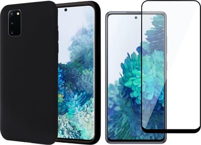 Hoesje geschikt voor Samsung S20 FE en Screenprotector - Liquid Siliconen Case Cover Hoes Zwart + Screenprotector Tempered Glass Screen Protector Full Glas