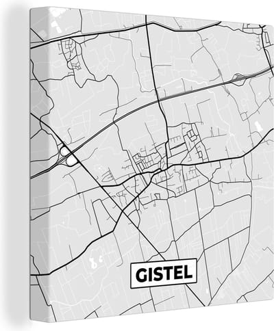 Canvas Schilderij Stadskaart – Plattegrond – België – Zwart Wit – Gistel – Kaart - 20x20 cm - Wanddecoratie