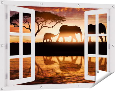 Gards Tuinposter Doorkijk Schotse Hooglander Koe in de Bergen - 120x80 cm - Tuindoek - Tuindecoratie - Wanddecoratie buiten - Tuinschilderij