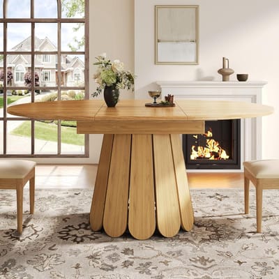 Eettafel uittrekbaar - Keukentafel rond - Gezellig dineren - Uitschuifbaar tot ovaal - 118-158x118x76cm - Houtkleur