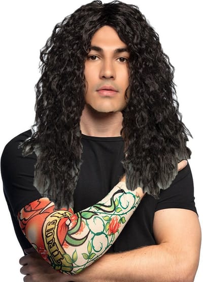 Boland Verkleed setje heren Bikers/Rockers - carnaval verkleedpruik zwart - met setje Tattoo sleeves roses and heart