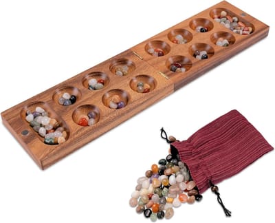 Kalaha Spel - Edelsteenspel Bao - Strategisch Denken - Magneetsluiting - 14 x 49 cm - Naturel