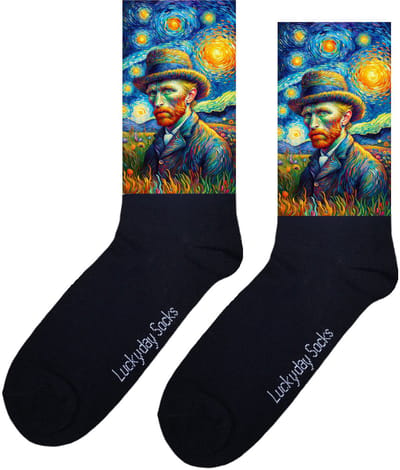 Kunstsokken van Gogh - Sterrennacht - Portret sokken - Kunst sokken - Schilderij sokken - Opkikker Cadeau - Grappige sokken - Verjaardag cadeau - Vrolijke sokken - LuckydaySocks - Grappige cadeau - Vaderdag - Moederdag - Onesize
