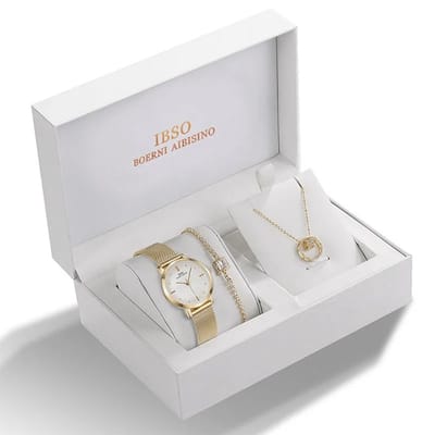Boerni Aibisino Horloge met decoratieve wijzerplaat, Armband en Ketting Goud kleurig luxe geschenk set luxe geschenk set | Crystal glass | Premium kwaliteit uurwerk Quartz Japan | Mineraal | Geschenk | Fashion | Elegant | Dames | Vrouw | Goudkleurig