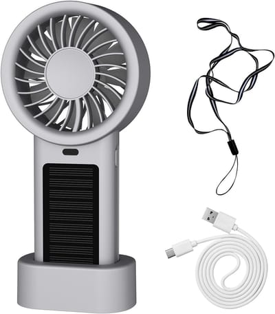 Mini Solar Ventilator - Met Opzetvoet & Hangkoord - 5000mAh Batterij - USB-C/Zonne-energie - Voor Reis/Kantoor - Draagbaar & Lichtgewicht - Zilver