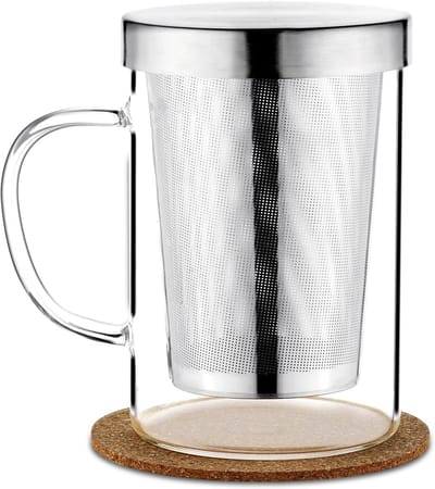 Stijlvolle 500ml Borosilicaat Glazen Theekop met RVS Zeef en Glazen Deksel, Perfect voor Koffie, Sap en Koolzuurhoudende Dranken