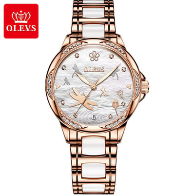 HO-6610.rs-wi : Olevs roségoudkl libelle tourbillon/mechanisch keramisch/edelstaal dames horloge, zilverwitte wijzerplaat, luminiscerend, kalenderdag, rhinestone's
