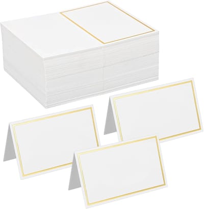 50 stuks tafelplaatskaarten, bruiloft tafel instelling receptie zitplaatsen naamkaarten rechthoek blanco dubbele gouden rand voor bruiloft verjaardag diner feest (wit)