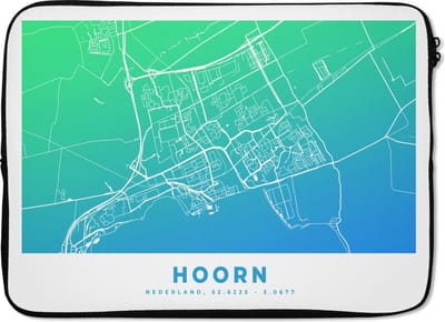 Laptophoes 13 inch - Stadskaart - Hoorn - Nederland - Blauw - Laptop sleeve - Binnenmaat 32x22,5 cm - Zwarte achterkant