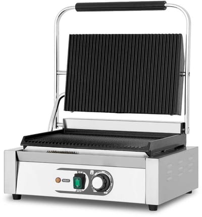 HCB® - Professionele Horeca Paninigrill - dubbel - geribbeld - 230V - RVS / INOX panini grill - Tosti apparaat - contact grill - 36.5x43x21 cm (DxBxH) - 20 kg - 8724