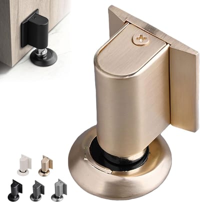 Magnetische deurstopper met schroeven en lijm Geschikt voor optimale hechting, robuuste magnetische deurstopper, wigvormige stop, onderste beugel om de deur open te houden (goud).