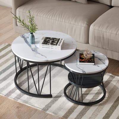 Salontafel (set van 2) ronde bijzettafel set metalen frame woonkamer balkon kantoor, zwart, groot: 70 x 70 x 45 cm; klein: 45 x 45 x 40 cm