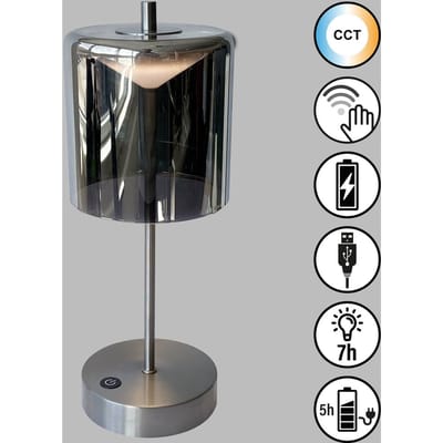 FHL easy! Riva - Tafellamp oplaadbaar - USB - 1x 2W LED (incl.) - 3000 / 4750 / 6500K - Ø13cm, H:34,50cm - Dimbaar - Rookglas met Matzilveren Voet - Cilinder
