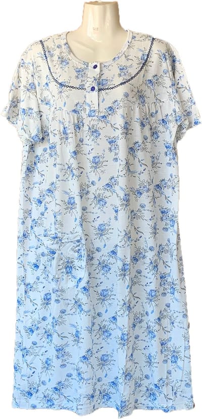 Gebloemde Dames Nachtjapon met Korte Mouwen - Katoen - M - Blauw