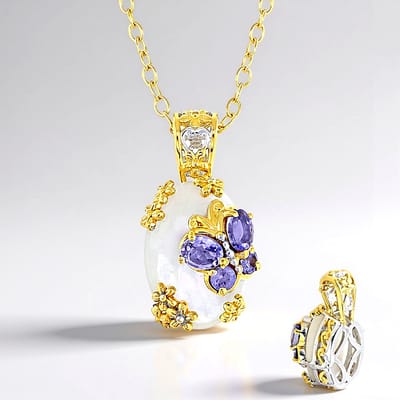 Cavill - Zilveren Halsketting - 925 Sterling Zilver - Ovale Parelmoer 14x10 mm met 0,504 ct Tanzaniet - Elegante Damesketting met Certificaat