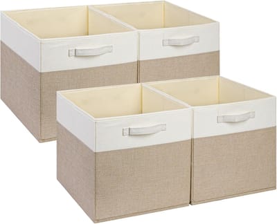 Famanu – Set van 4 opbergkubussen - stof - 33 x 33 x 33 cm - licht kaki - duurzaam materiaal - stevig en stabiel - ideaal voor het organiseren van kleding - of accessoires in kast of plank