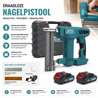 Accu Tacker / Spijkermachine / Nietpistool – 18V 3000mAh (2 accu's + lader) – Met 500 rechte spijkers & 500 U-nieten – Voor bekleding, meubels, hout & isolatie – Incl. kunststof koffer