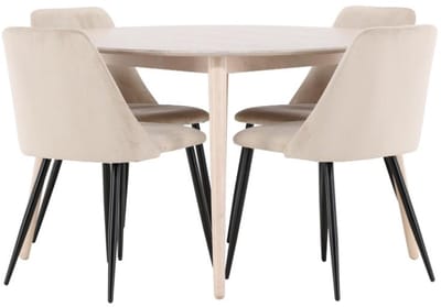 Flora eethoek tafel Ø120cm en 4 stoelen whitewash, beige.