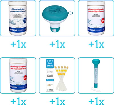 Zwembad Onderhoudspakket - Onderhoud Zwembad - bevat Chloor - Chloordrijver - PH-min - PH-plus - Testrips en Thermometer (6-delig)