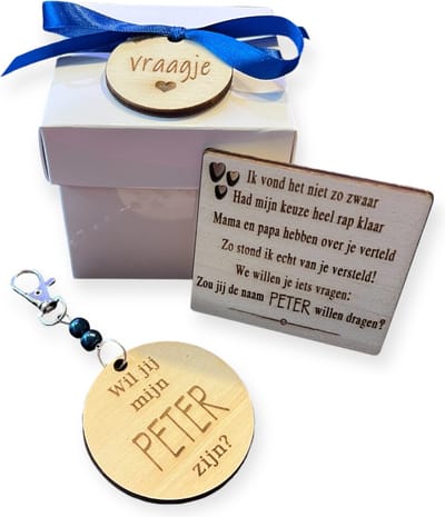 Cadeaudoosje Wil jij mijn PETER zijn? | BLAUW | niet zo zwaar | sleutelhanger | peter vragen | peter worden | peetoom vragen | peetoom worden | cadeau | doosje met een vraag | geschenkbox