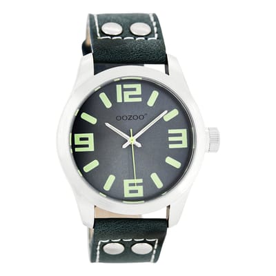 OOZOO Timepieces - Zilverkleurige horloge met donker blauwe leren band - JR266