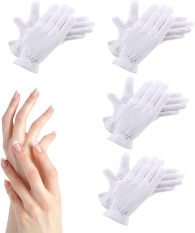 Herbruikbare katoenen handschoenen voor handverzorging, 4 paar witte hydratatiehandschoenen met elastische polsband voor eczeem en droge handen, ideaal voor juweleninspectie en huidverzorging