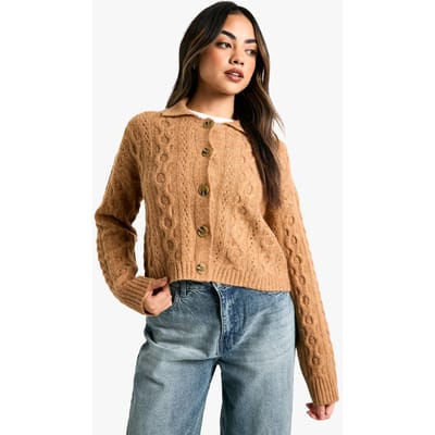 boohoo Dames Cable Knit Collaredetail Cardigan | Camel | Maat: Small