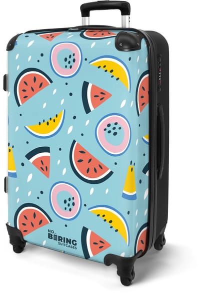NoBoringSuitcases.com® - Koffer groot - Rolkoffer lichtgewicht - Blauw met tropisch fruit - Reiskoffer met 4 wielen - Grote trolley XL - 20 kg bagage - Valiezen middelgroot - Hardcase bagagekoffer - Suitcase large
