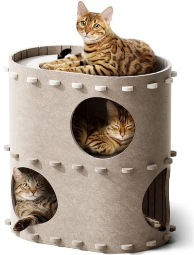 Famanu – Kattenmand van Vilt met Twee Verdiepingen – Warm Kattenhuis om te Spelen en Rusten -Afmeting 50 x 33 x 50 cm