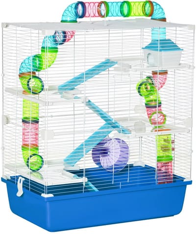 JOYNEXTBUY - Hamsterkooi met tunnel - Platformen & Plateau - Drinkbank - Huis - Hellingen - Loopwiel - 59cm x 36cm x 69cm - Blauw
